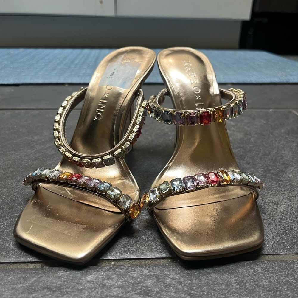 INC Diana Slip On Sandal Gold Multicolor Bling Stiletto Heels SZ 5 Square Toe - Picture 2 of 8